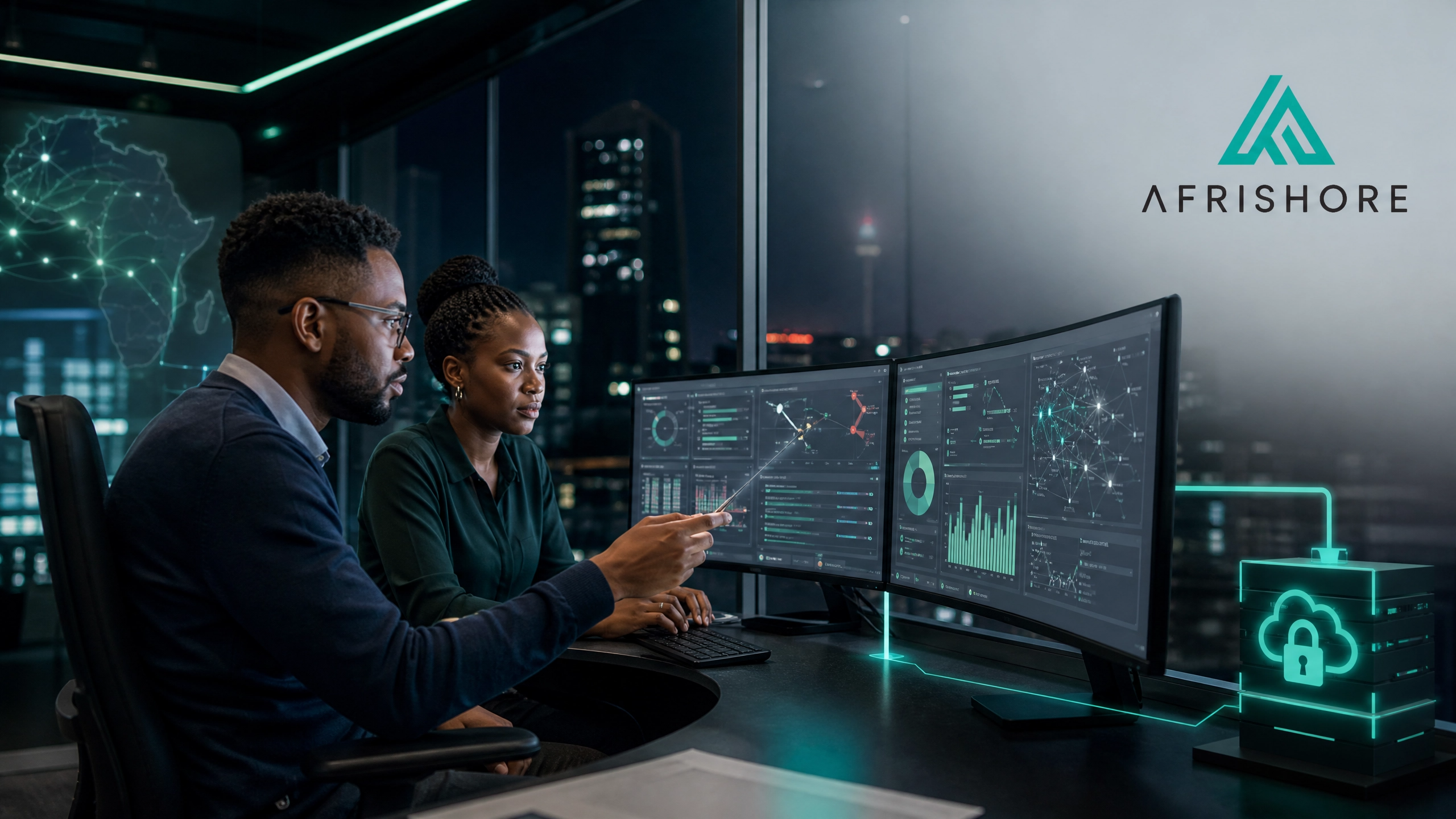 AML compliance analyst reviewing transaction-monitoring alerts on multiple screens in a modern operations centre