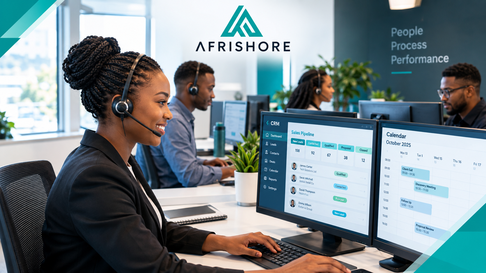 B2B appointment setting team working calls and calendar bookings in a modern outsourced sales floor