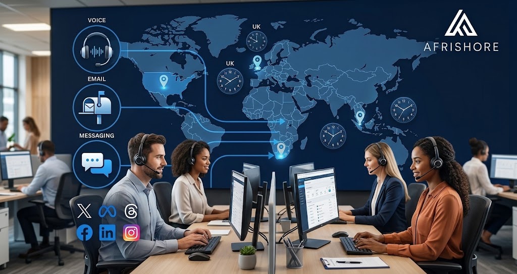 Customer service team wearing headsets supporting UK and US brands across voice, email, and live chat channels in a modern South African contact centre