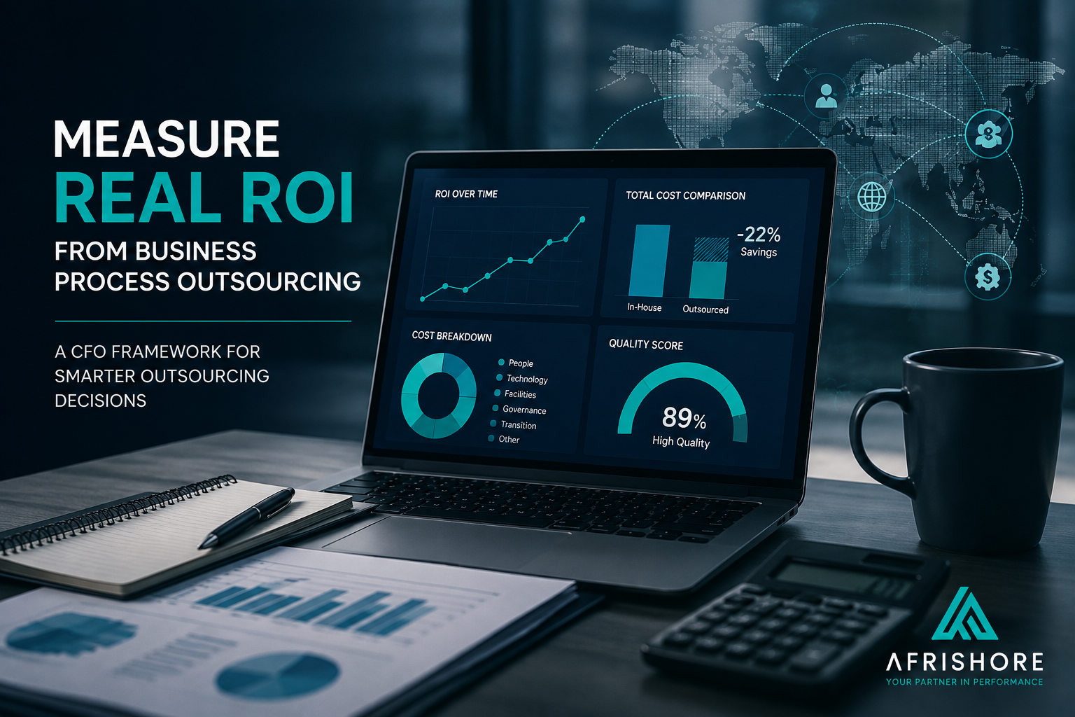Illustration of a financial dashboard showing a business process outsourcing ROI calculation with cost, quality, and payback metrics, representing a CFO measurement framework