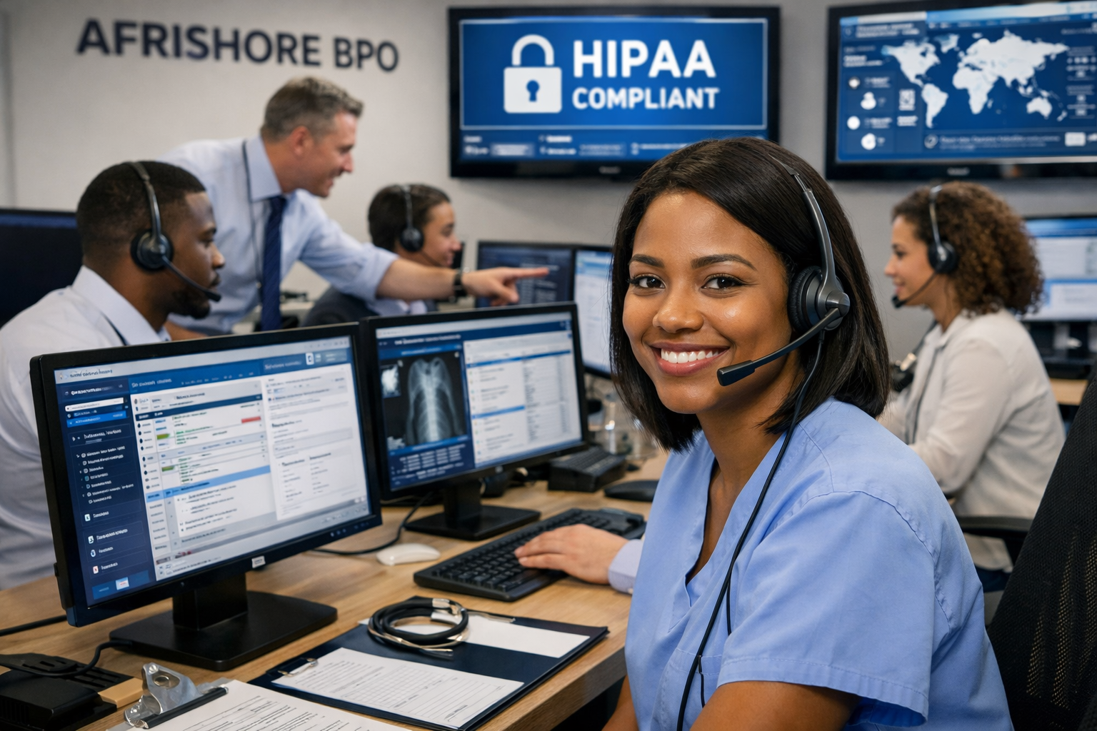Afrishore BPO team handling HIPAA-compliant healthcare operations in a secure South African office