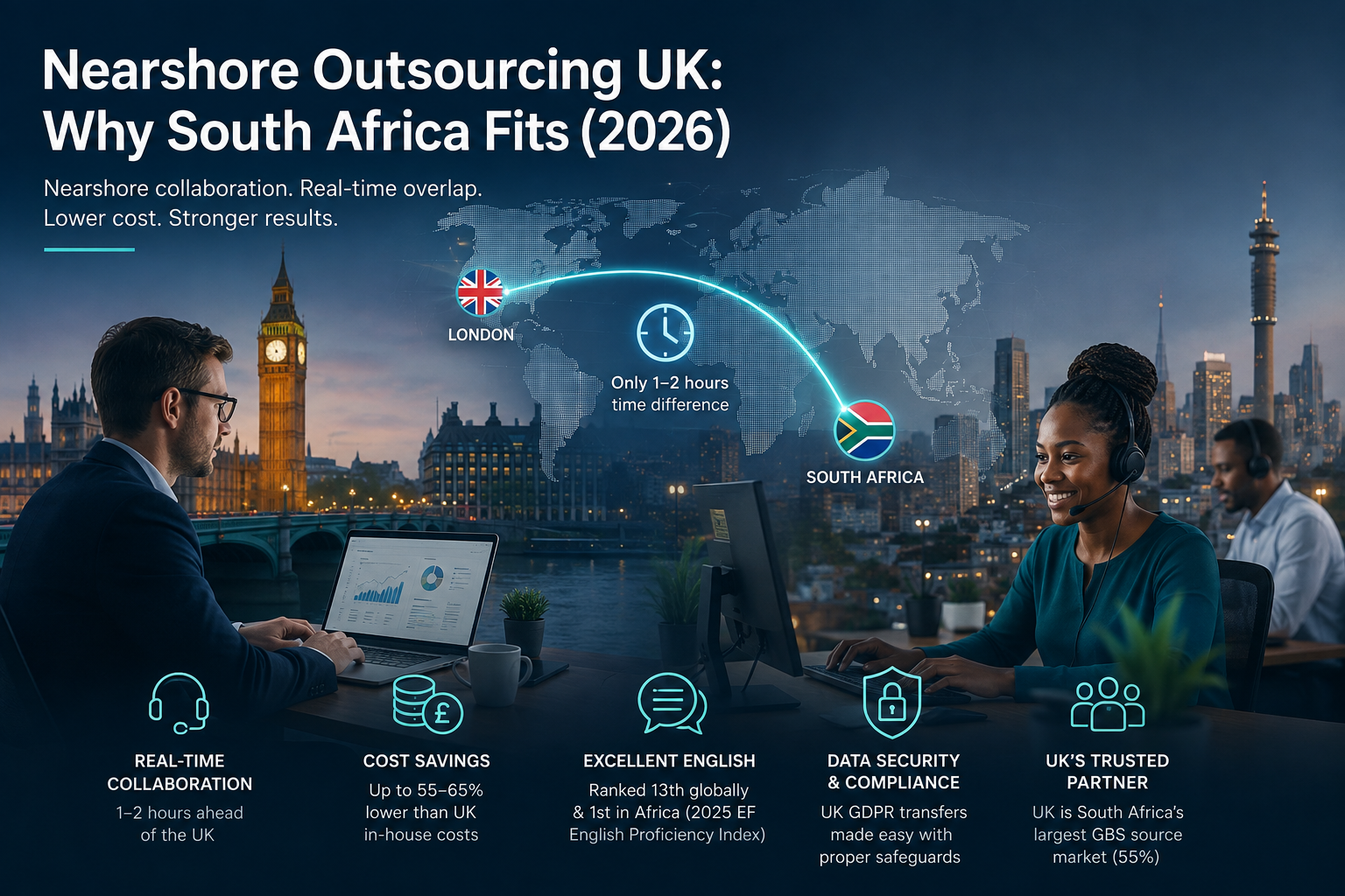 UK and South African team members collaborating in real time on a shared workday, with a clock strip showing London and Johannesburg only one hour apart