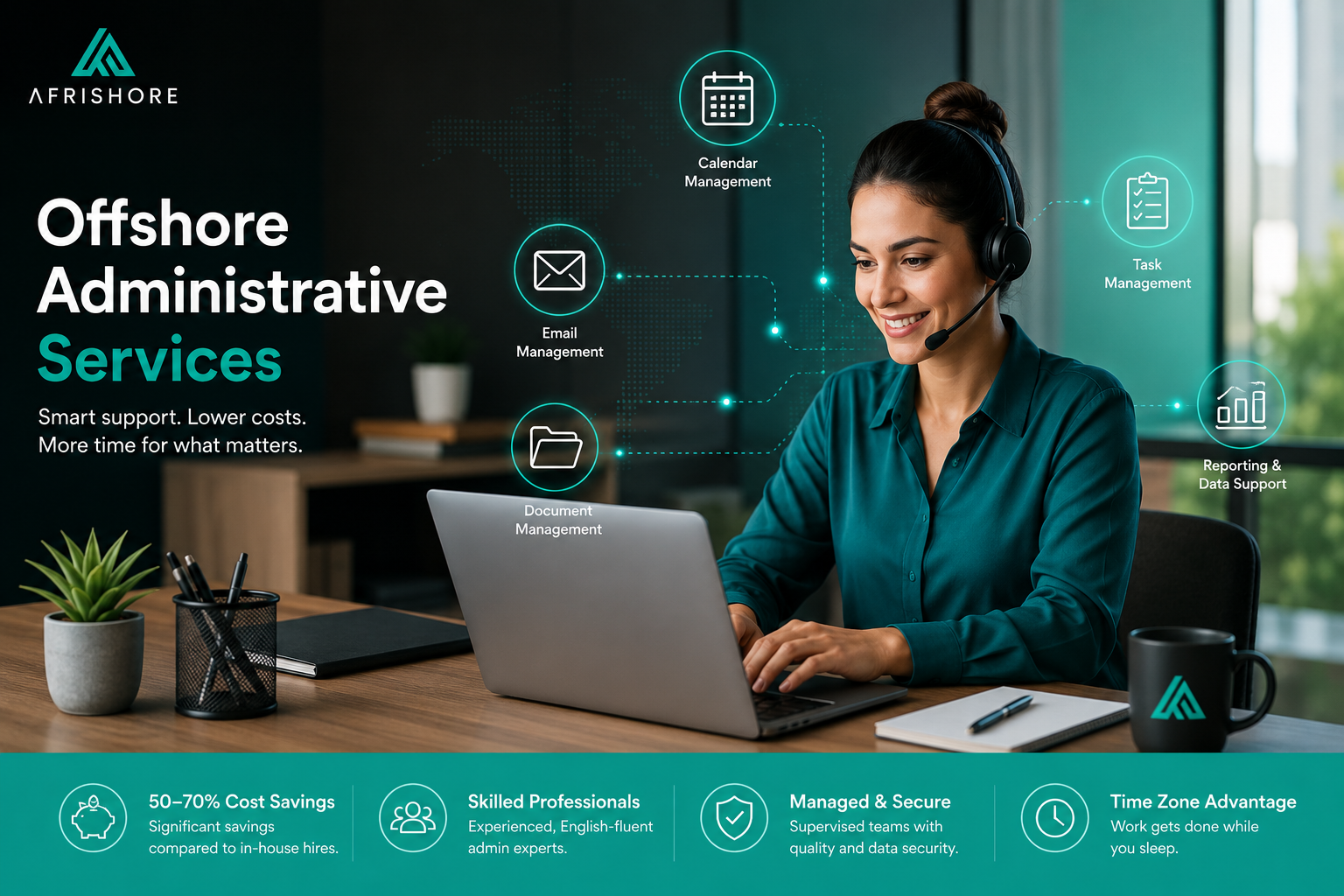 Illustration of an offshore administrative support team working across connected screens showing calendars, documents, and CRM records, representing managed offshore admin services