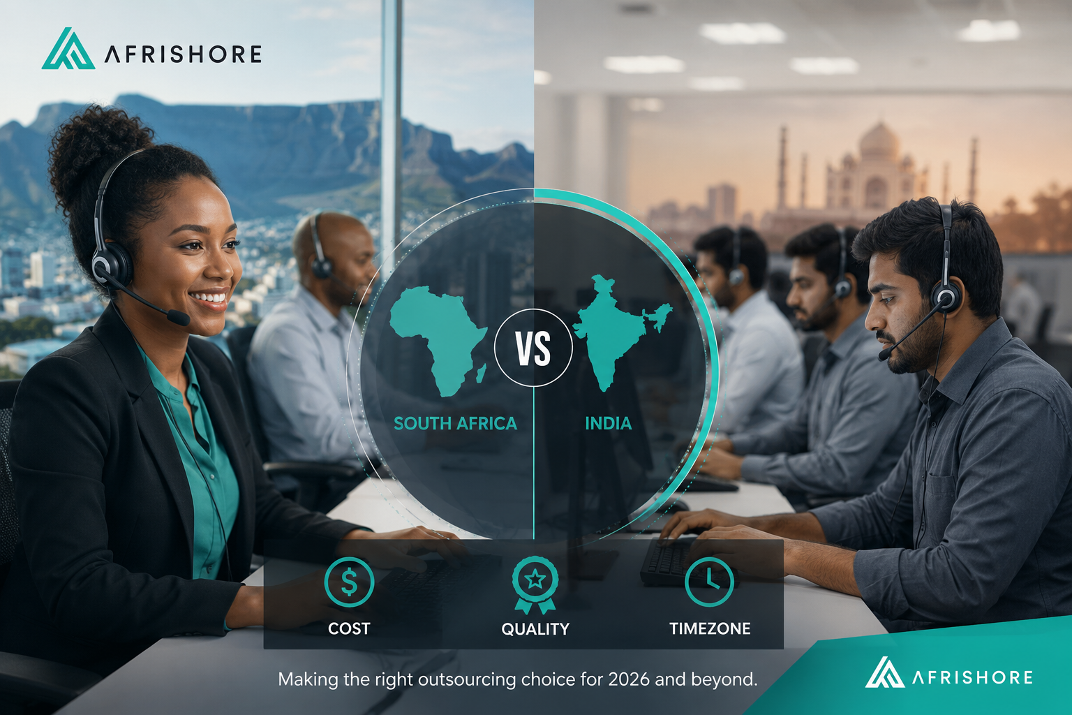 Side-by-side comparison map showing South Africa and India as offshore BPO destinations for UK and US businesses