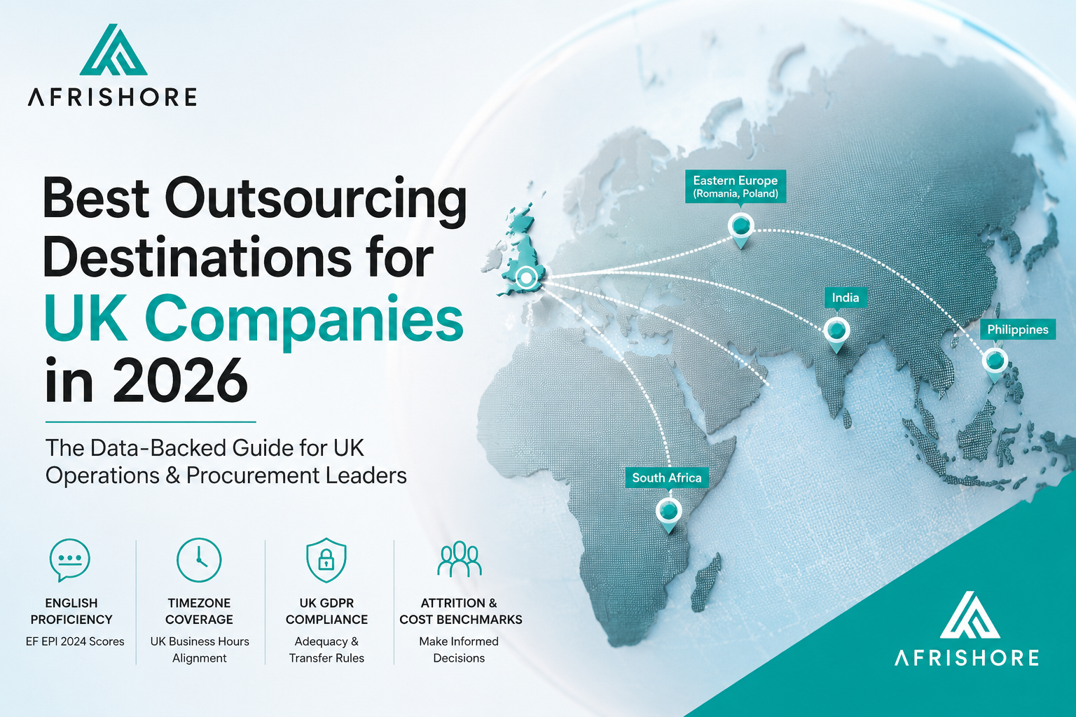 UK operations director comparing outsourcing destinations on a world map, focusing on South Africa, India, Philippines, and Eastern Europe