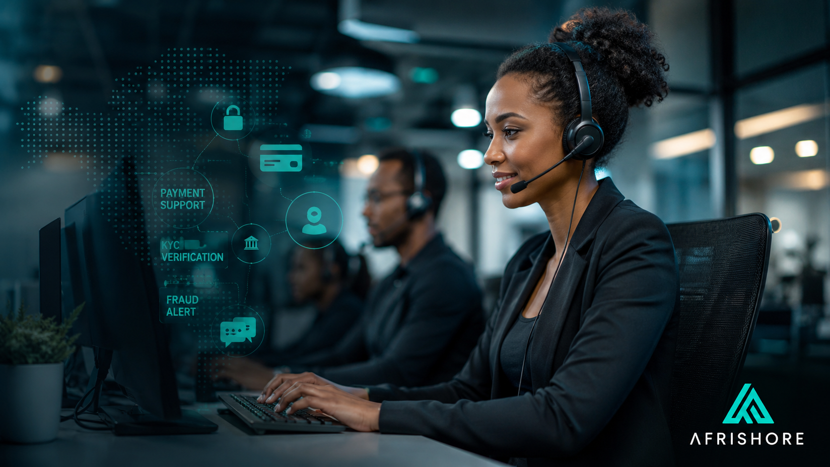 Fintech customer support agents at Afrishore BPO handling payment queries and KYC tickets in Johannesburg