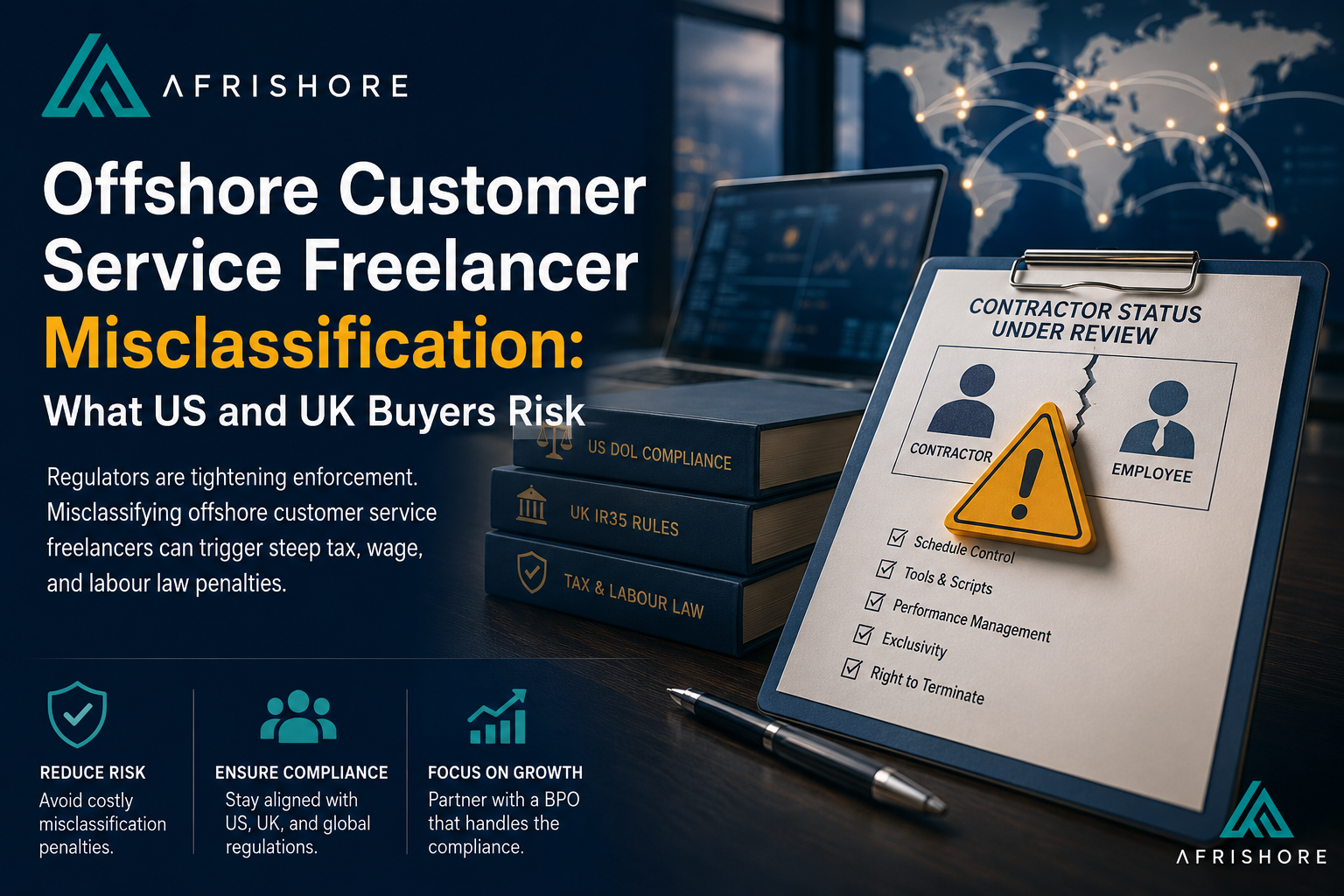 Warning sign illustration representing the legal risk of misclassifying offshore customer service freelancers
