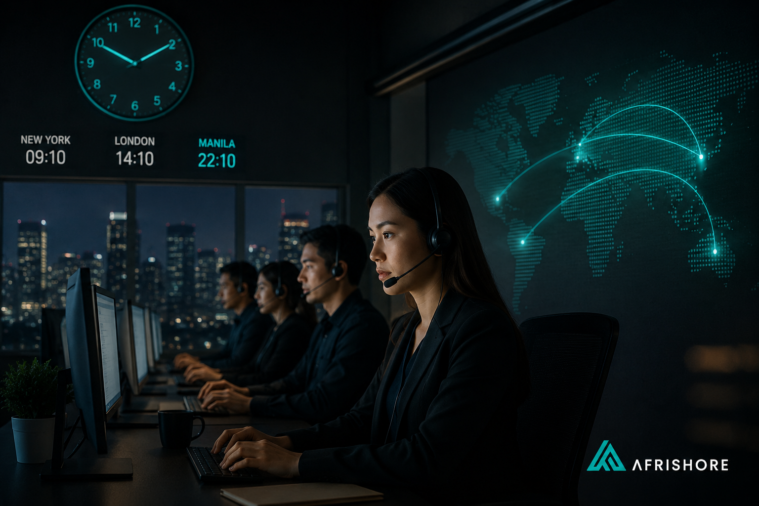 Offshore customer service agents working night shift at a contact centre, illustrating the hidden cost of night shift differentials in outsourcing