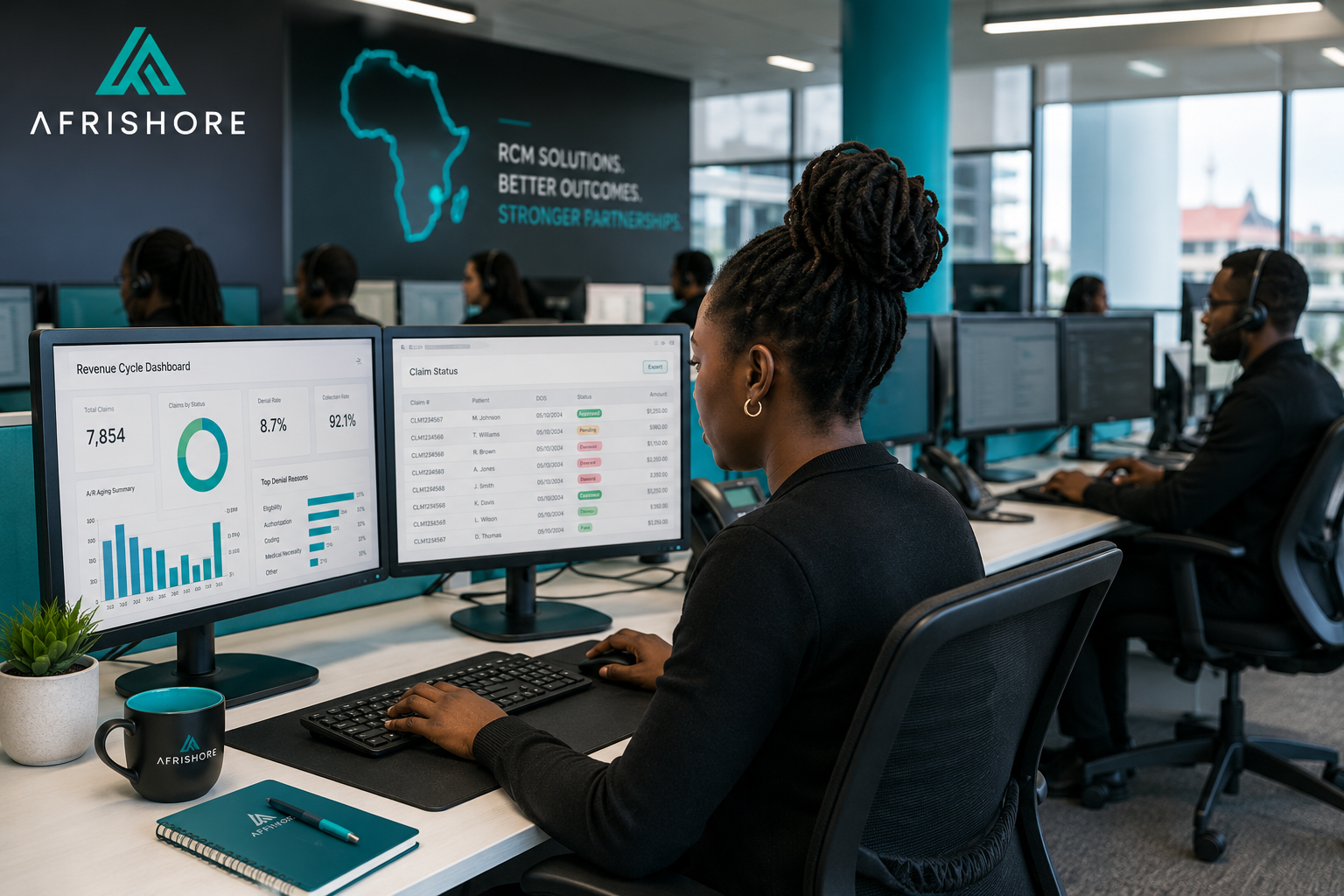 Revenue cycle management outsourcing team in South Africa - healthcare billing specialists working at dual-monitor workstations in Johannesburg