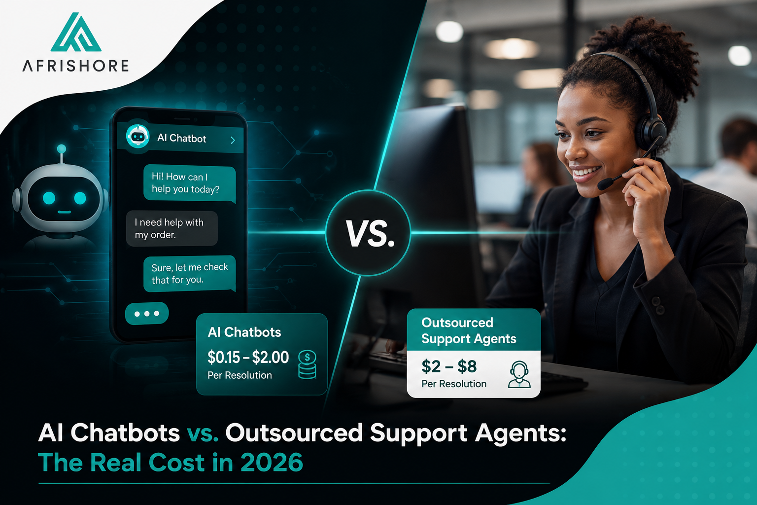Split illustration comparing an AI chatbot interface against a human outsourced support agent at a workstation