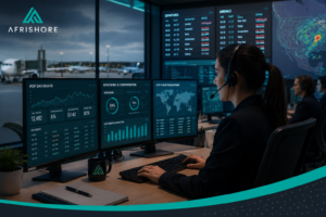 Illustration of an airline contact center handling a surge in calls during a flight disruption, representing outsourced IROP and passenger support