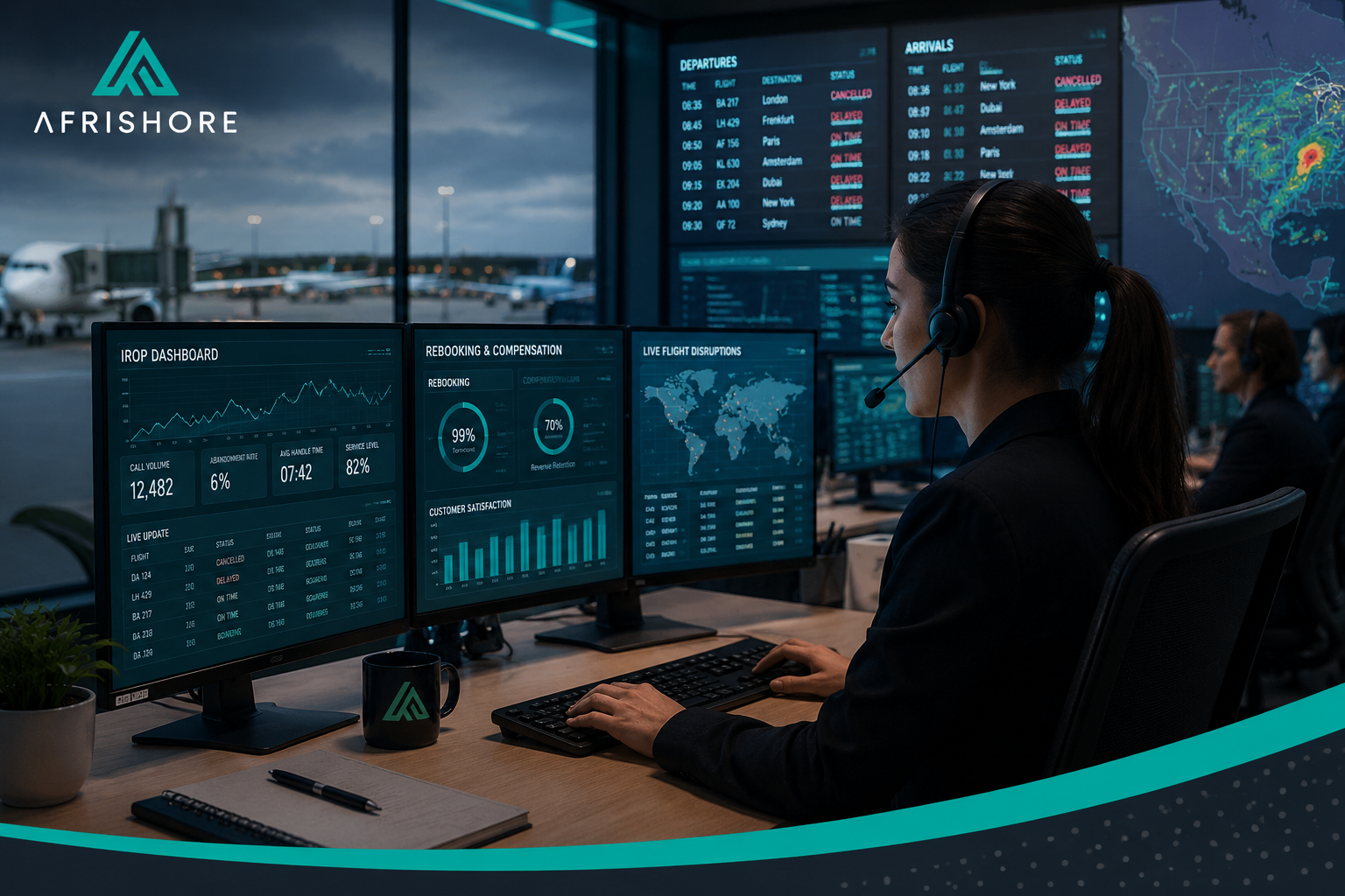 Illustration of an airline contact center handling a surge in calls during a flight disruption, representing outsourced IROP and passenger support