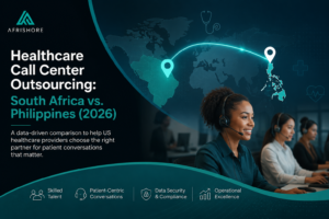 Side-by-side comparison graphic showing South Africa and the Philippines as healthcare BPO outsourcing destinations for US healthcare providers and payers