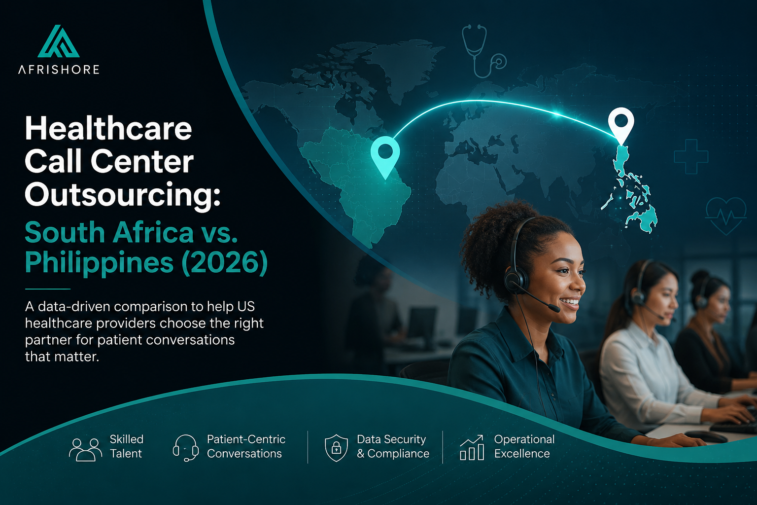 Side-by-side comparison graphic showing South Africa and the Philippines as healthcare BPO outsourcing destinations for US healthcare providers and payers