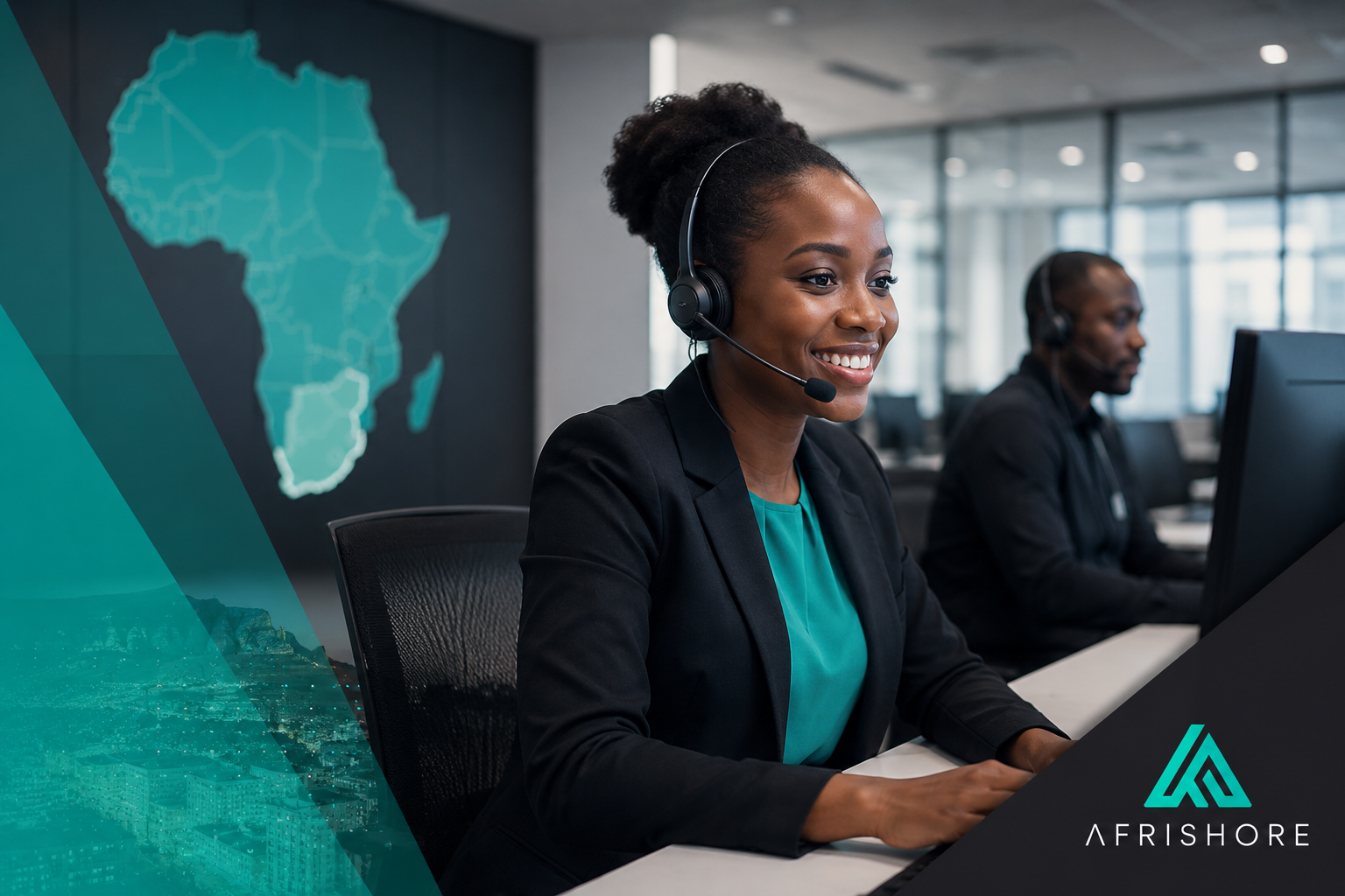 Insurance call centre agent in Johannesburg handling inbound UK policyholder calls