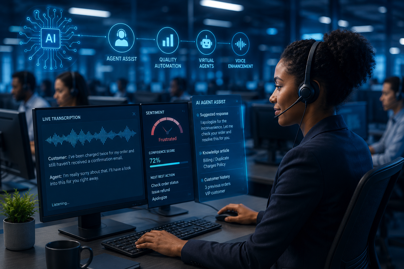 Outsourced contact centre agent using an AI agent-assist dashboard showing real-time transcription and sentiment prompts during a live call