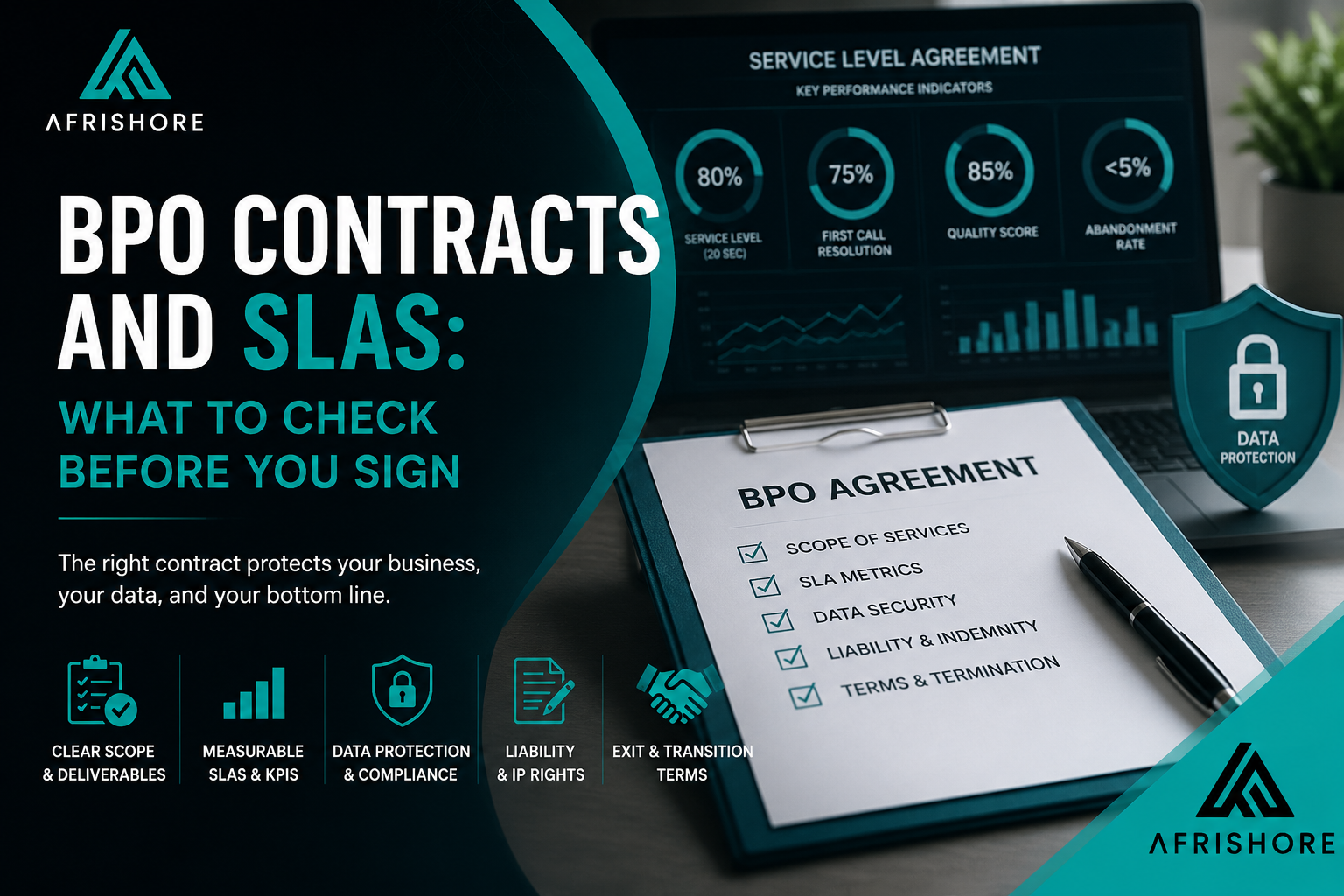 Two business professionals reviewing a BPO service level agreement contract at a conference table