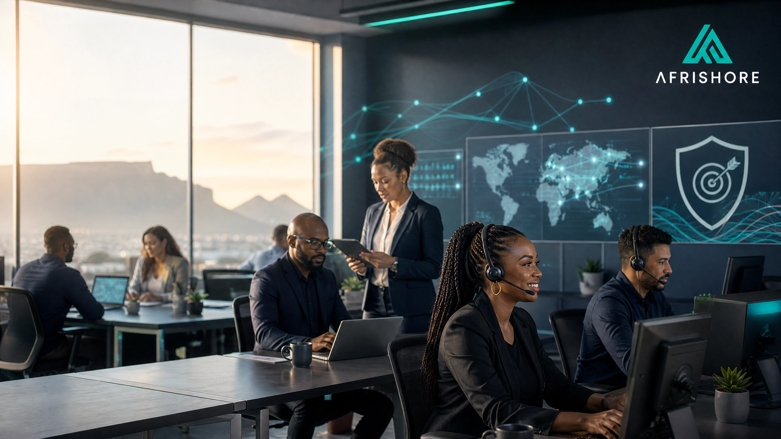 Modern business process outsourcing operations floor in 2026 with agents working alongside AI-assisted dashboards