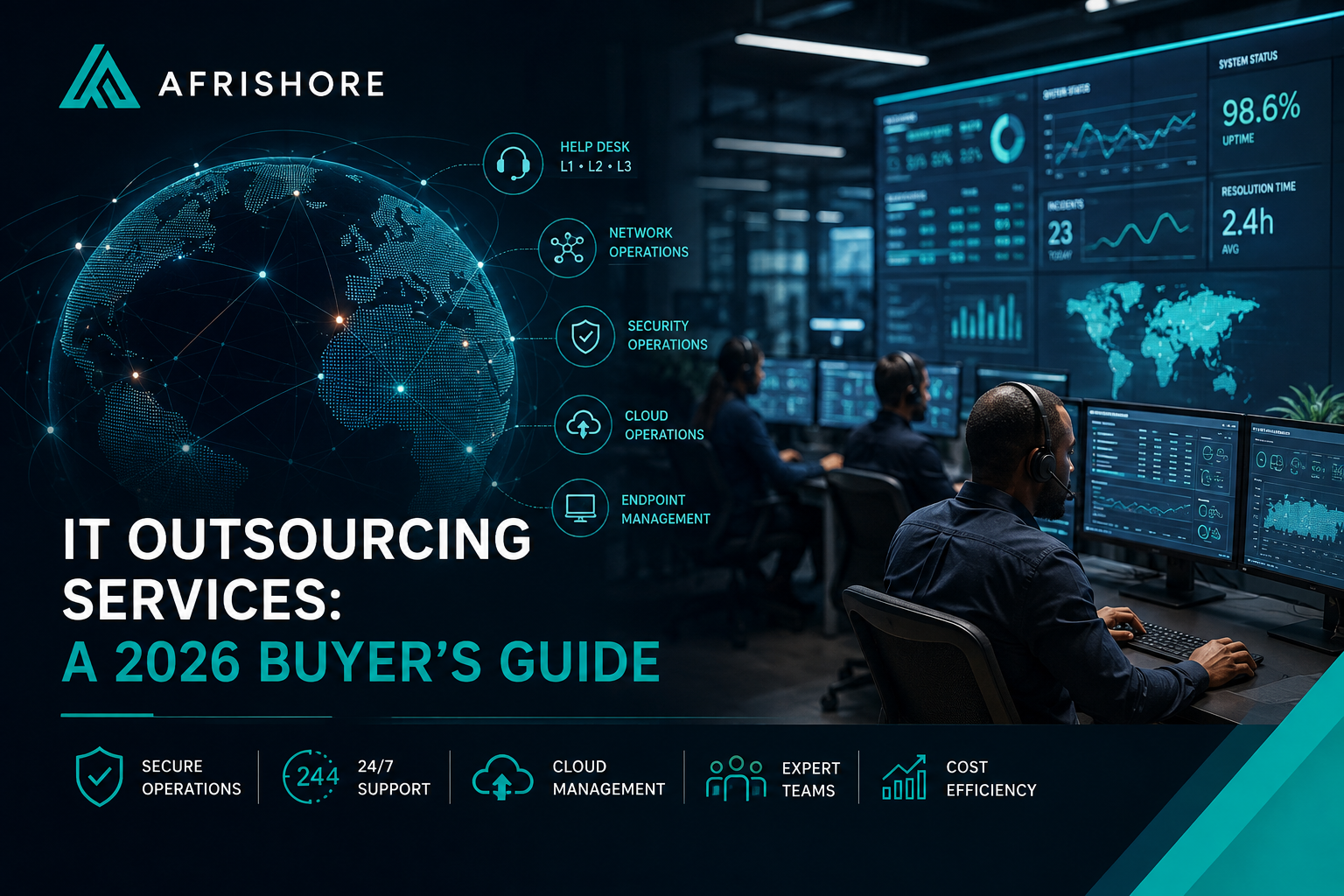 IT operations engineer monitoring network and infrastructure dashboards across multiple screens in a managed services operations center