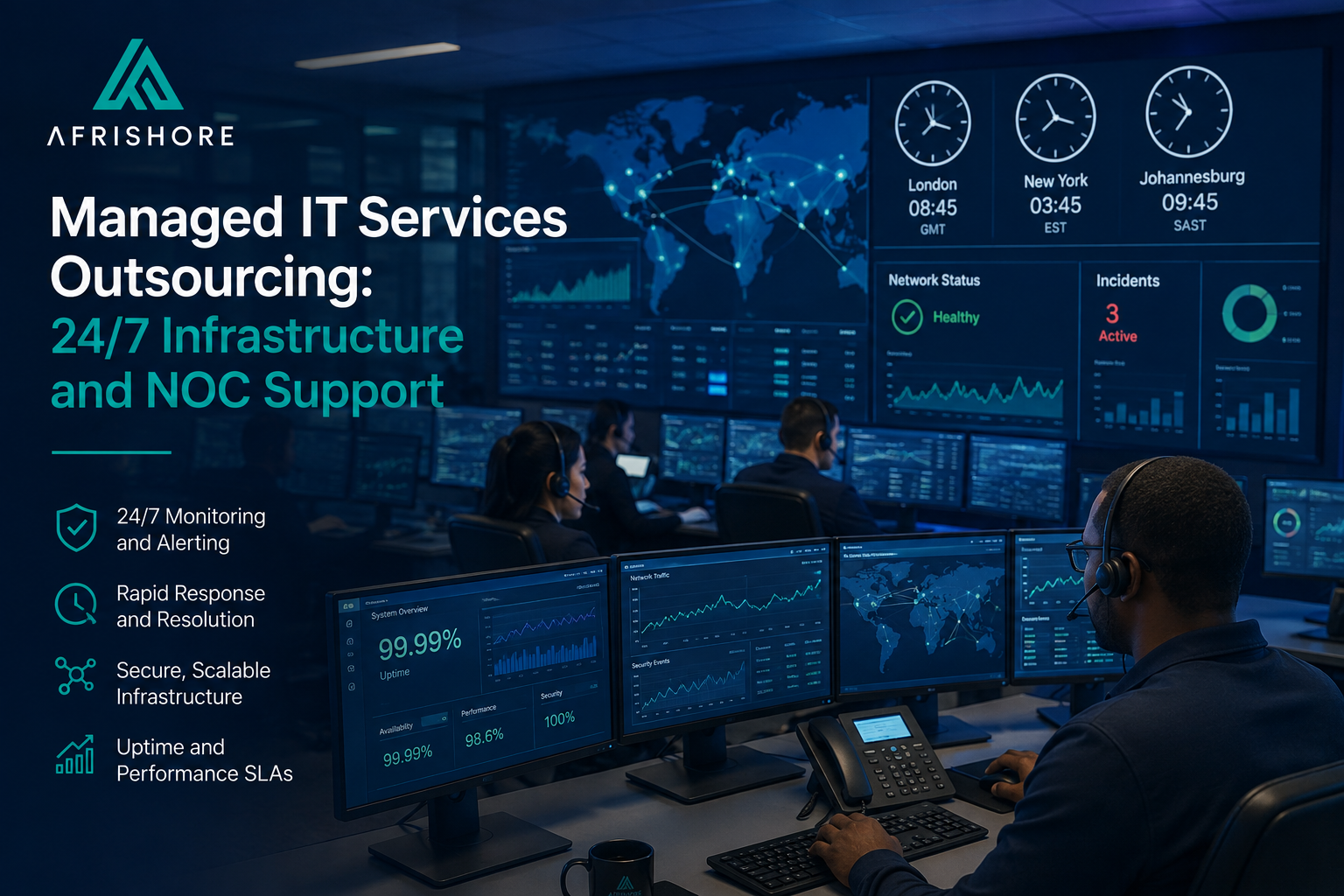Network operations center analysts monitoring infrastructure uptime and security alerts on a wall of live dashboards