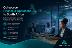 Illustration of a UK office connected to a South African finance team through shared dashboards and reconciled ledgers, representing UK-to-South Africa finance and operations outsourcing