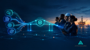 Illustration of an AI-augmented offshore operations model showing AI handling retrieval and drafting alongside human agents making judgment calls, with a governance and QA layer connecting both