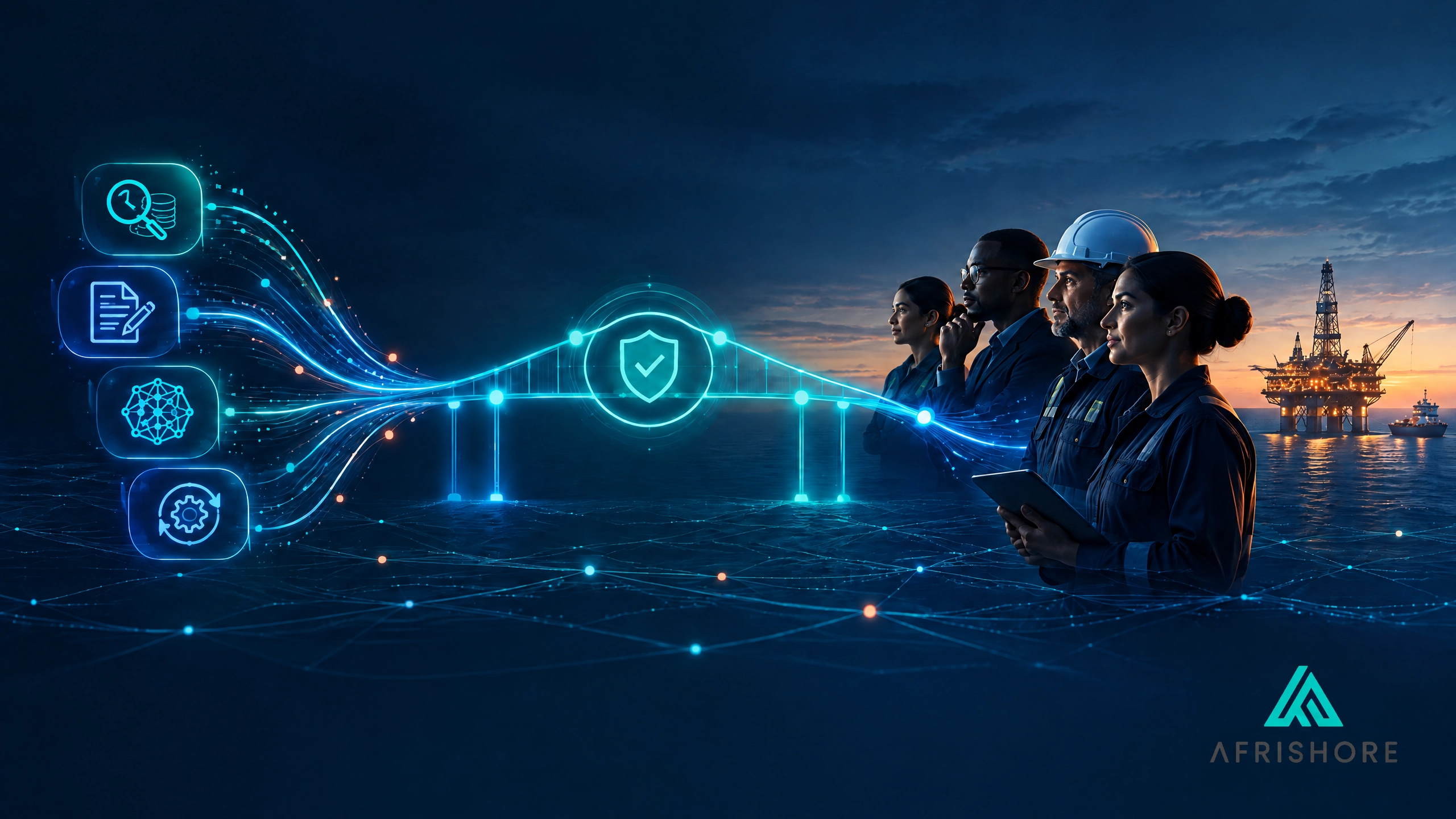 Illustration of an AI-augmented offshore operations model showing AI handling retrieval and drafting alongside human agents making judgment calls, with a governance and QA layer connecting both