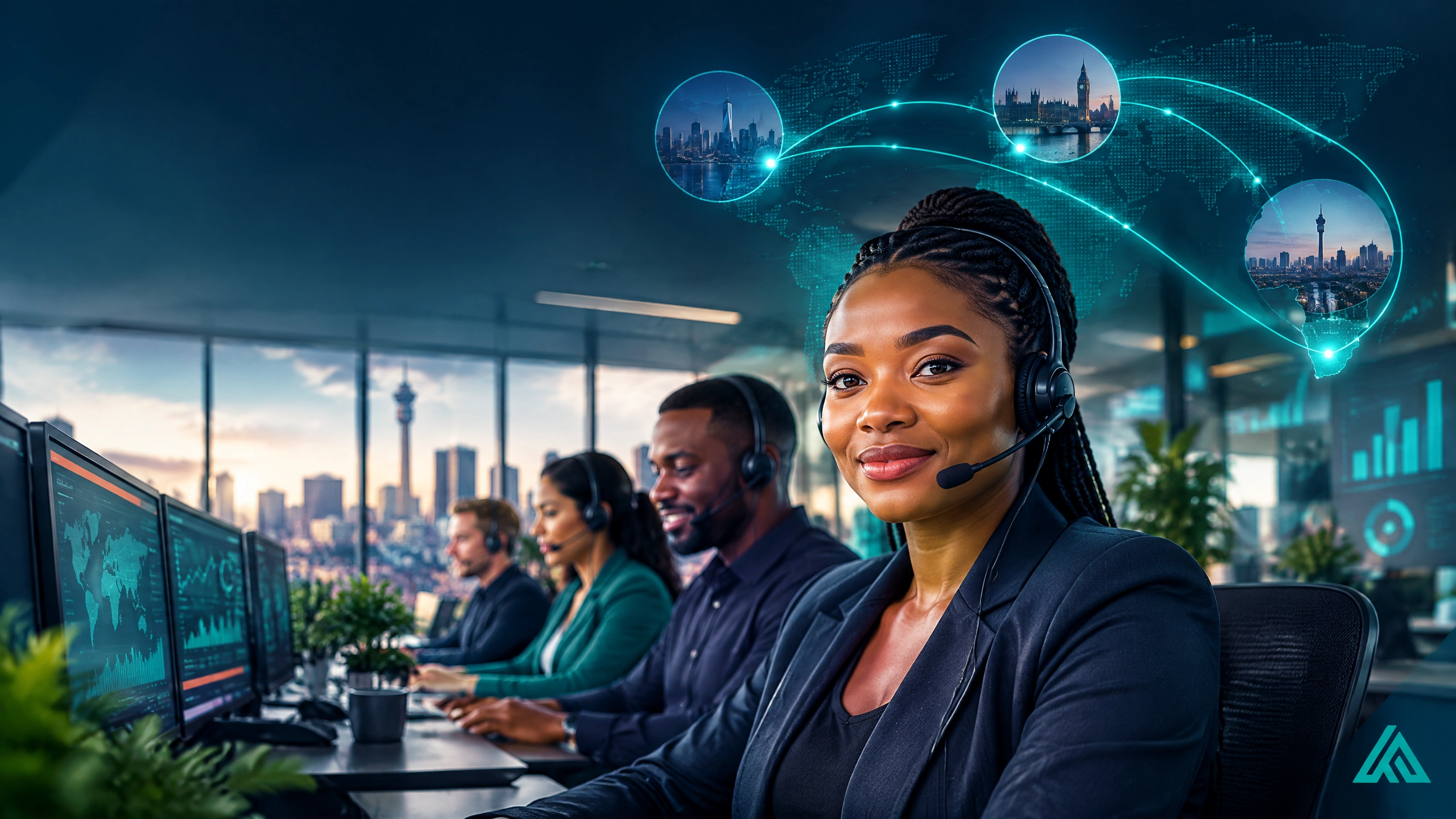 Comparison illustration of contact centre performance metrics across South Africa, the UK and the US, showing speed to answer, first-contact resolution and cost per call