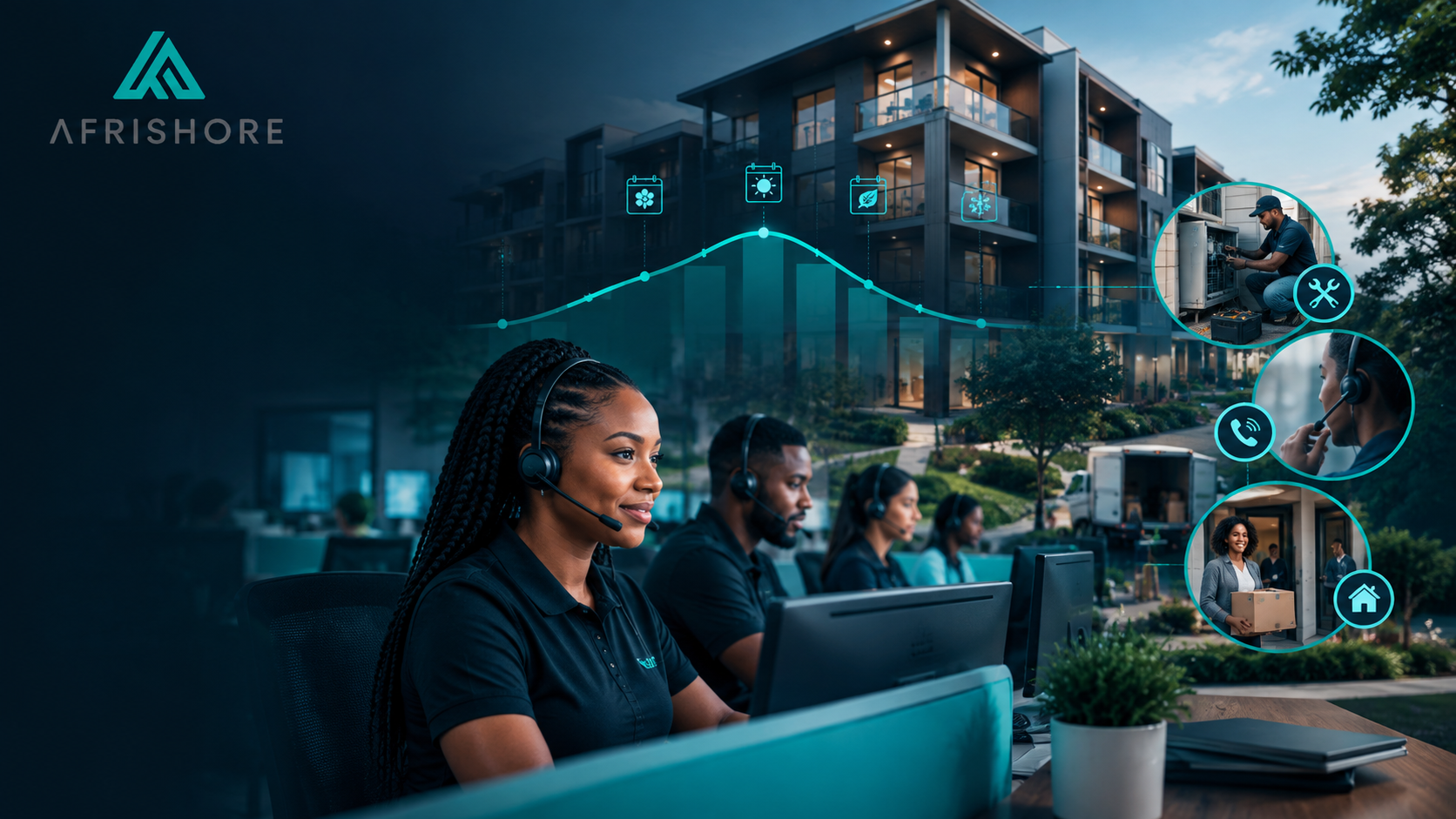 Illustration of a property management support team scaling up for peak turn season, showing a flexible offshore team handling a surge of maintenance and resident support requests