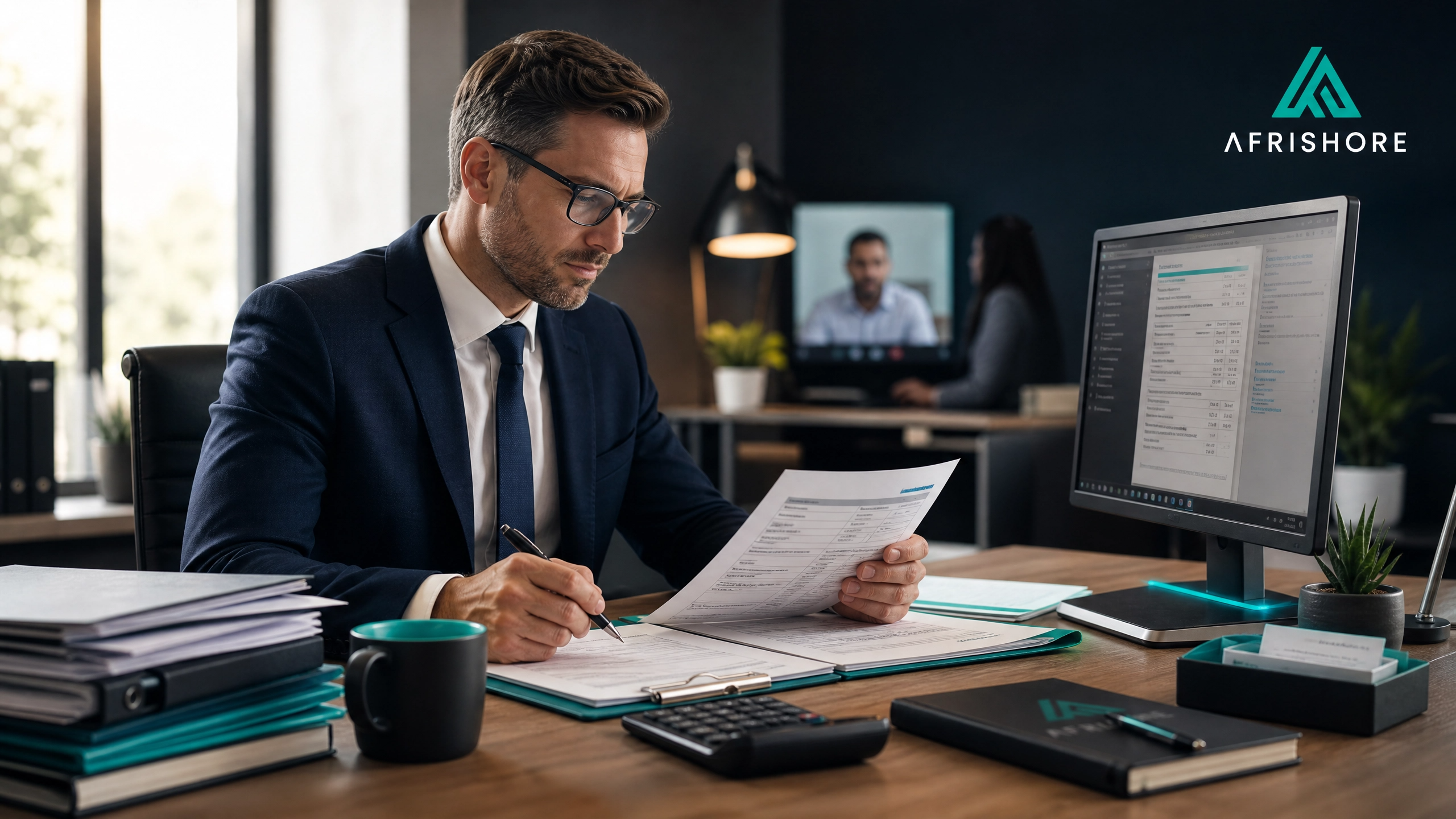 US CPA reviewing an outsourced tax return and workpapers on screen before sign-off during busy season