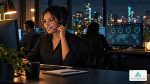 After-hours call center agent wearing a headset handling an evening customer call at a quiet, well-lit contact center