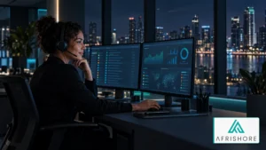 IT service desk analyst working at night with monitoring dashboards on two screens in a quiet, dimly lit operations room