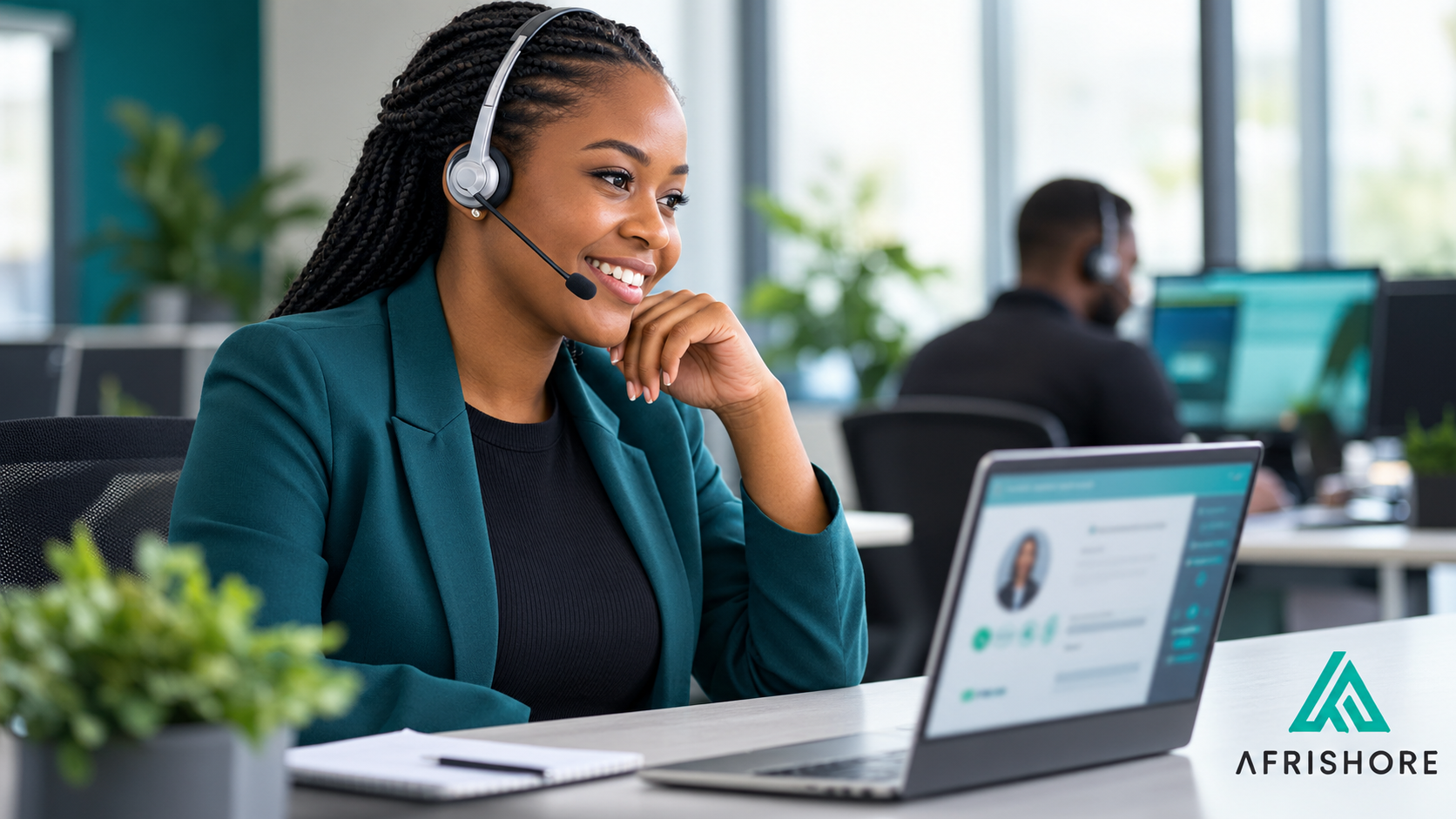 Customer care agent with a headset smiling while helping a customer over a video and voice call at a modern outsourced service center