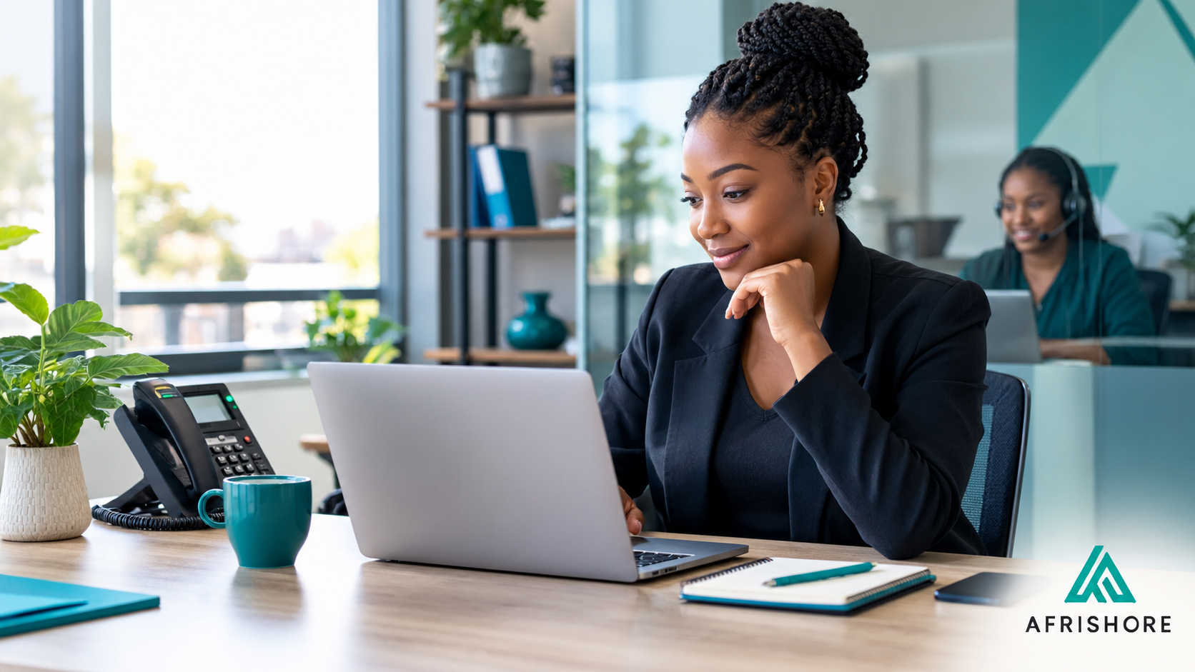 Small business owner reviewing customer service options on a laptop while a remote support agent handles calls on a split screen